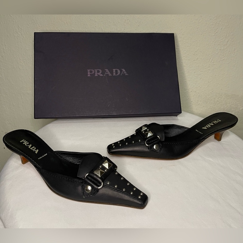 Authentic Prada Leather Mules Kitten Heels Pointed Toe sz 37.5